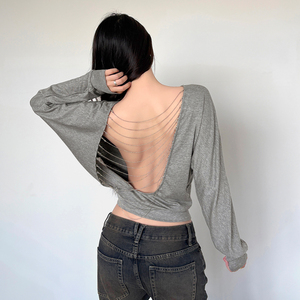 Womens Sexy Backless Metal <b>Chain</b> Detail Loose Solid Color Long Sleeve Breathable Summer Streetwear Casual T-Shirt <b>Top</b> - Product Image 6