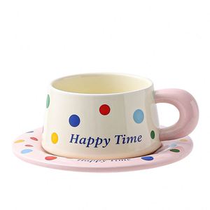 Modern Polka Dot Happy Time Ceramic Tea <b>Cup</b> <b>Saucer</b> Set with Spoon & Mug Tableware for Tea & Coffee - Product Image 1