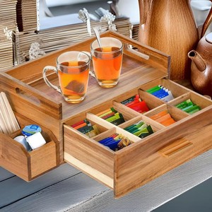 Wooden <b>Tea</b> Storage <b>Box</b> With Pull Out Compartments Solid Wood Desktop Organizer For <b>Tea</b> Bags And Accessories - Product Image 1