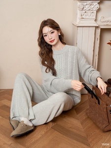100% Cotton Đan Áo Len Thiết Lập Nặng Chải Kỹ Jersey Đồ Ngủ Tùy Chỉnh Của Phụ Nữ Loungewear Mềm Mại Quần Bộ - Product Image 2
