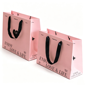 <span class=keywords><strong>Borsa</strong></span> Shopper in Carta con Motivo Cuore <span class=keywords><strong>Rosa</strong></span> e Manici in Raso Nero, <span class=keywords><strong>Borsa</strong></span> Regalo Moderna Stampata per Boutique di Moda e Occasioni Speciali - Product Image 3