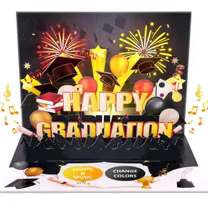 Âm nhạc tốt nghiệp thiệp chúc mừng 3D, trường trung học. Món quà thú vị cho các trường đại học, nhấn nút để phát hành "pháo hoa và cổ vũ"