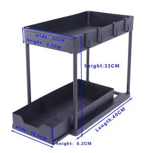 Rak Penyimpanan Serbaguna 2 Tingkat Geser di Bawah Kabinet untuk Dapur dan Kamar Mandi dengan Gantungan Cangkir - Product Image 3