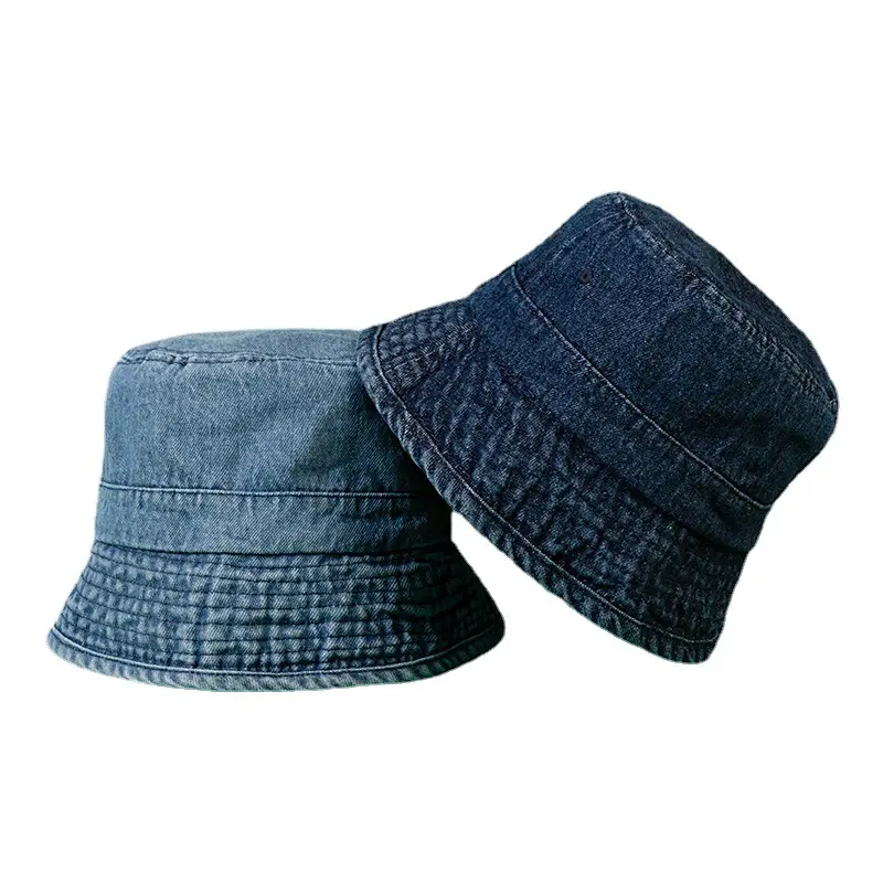 Wholesale Designer Plain Print Kids Cotton female Adult Character Style wide rim flap blue denim Bucket Hats