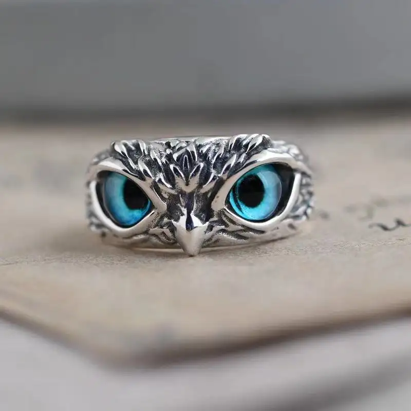 2022 New Design Animal Blue Vintage Silver Open Adjustable Gold Gemstone Owl Shaped Engagement Eye Fun Head Punk Ring Men Women