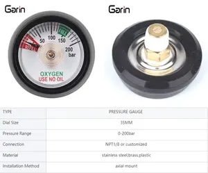 35mm 200bar Mini medidor de presión de tubo Bourdon uso para regulador de presión de cilindro de oxígeno portátil médico