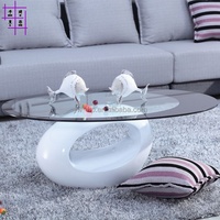 Mesa de Centro Elegante para Sala de Estar, Mesa de Centro Moderna con Tapa de Vidrio, Mesa de Té Elíptica de Fibra de Vidrio
