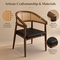 Chaise de salle à manger en rotin, fauteuil en bois avec dossier en cannage, assise rembourrée noire, pieds coniques pour salle à manger, restaurant, café