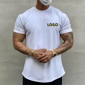 Toptan 95% pamuk 5% elastan erkek ince sağlıklı tişört fanilalar kavisli Hem yuvarlak boyun özel kas Fitness erkek spor Tshirt