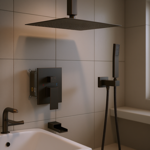 Sistema de ducha cuadrado de 12 pulgadas en bronce, caucho y óleo, con salida de cascada para bañera y válvula de instalación oculta, para conjuntos de baño - Product Image 2