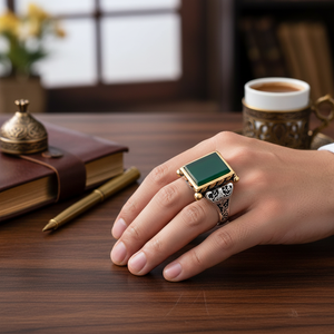 Square Cut Green Agate Gemstone Square Shape Authentic <b>Men</b> <b>Ring</b> Ottoman Signet Design Wholesale Handmade 925 Sterling Silver - Product Image 3