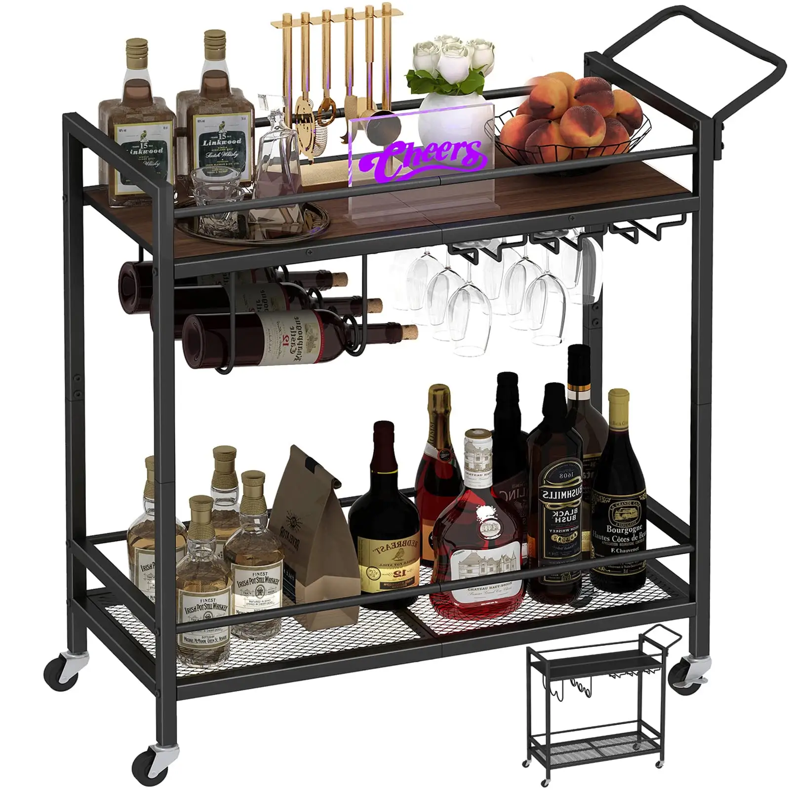 Mobile Drink Beverage Cart Top Shelf Rolling Kitchen Cart with Wine Holder and Glass Holder Bar Cart--Amazon customization