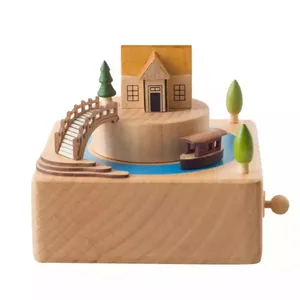 High Quality Funny Bridge Wooden Clockwork Music Gift Music Box Wooden Color Craft Christmas Wooden Music Box Wholesale