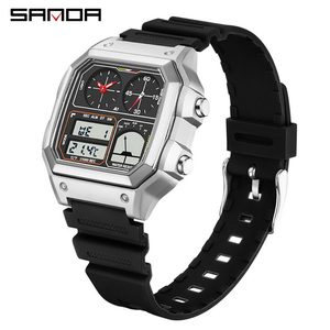 SANDA 6257 นาฬิกาอิเล็กทรอนิกส์แบบเคสทรงสี่เหลี่ยม นาฬิกาข้อมือสำหรับเล่นกีฬาแบบมัลติฟังก์ชั่นพร้อมฟังก์ชั่นหลายเขตเวลา - Product Image 2