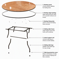 Table ronde pliante avec plateau en bois et bordure noire, pieds pliants en métal, table de banquet portable pour mariage, événement, location