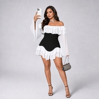 Robe Mini Élégante Grande Taille Femme Sexy Évasée Sans Bretelles Dos Nu en Mousseline de Soie à Ourlet Volanté pour Soirée Club Printemps Été Automne
