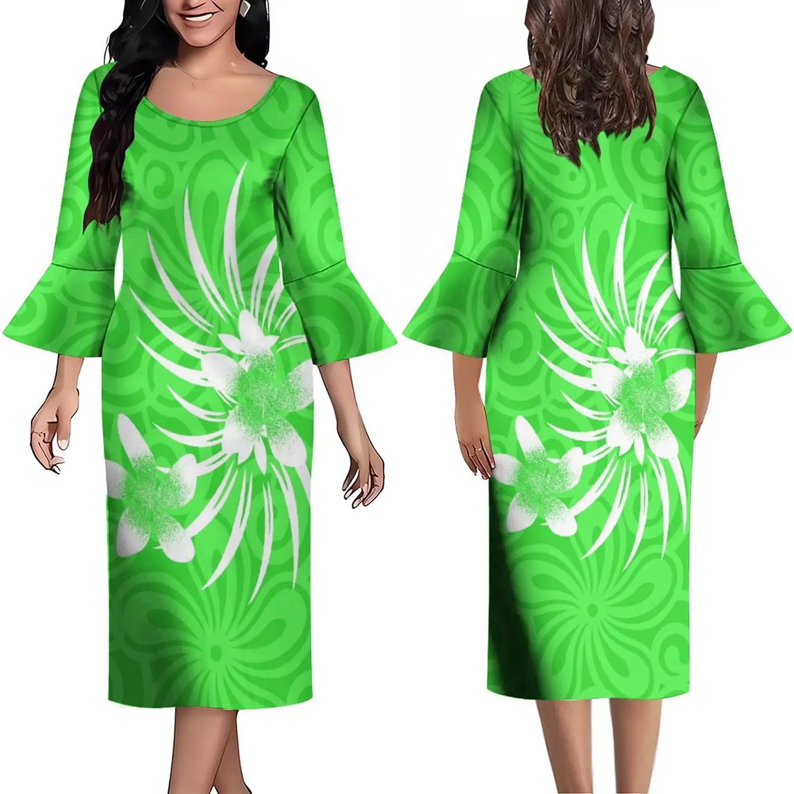 New Fall Pacific Island Design 3/4 Flare Sleeve Long Dress Elegant Crew Neck Midi Dress Ladies Custom Plus Size Womens Clothing