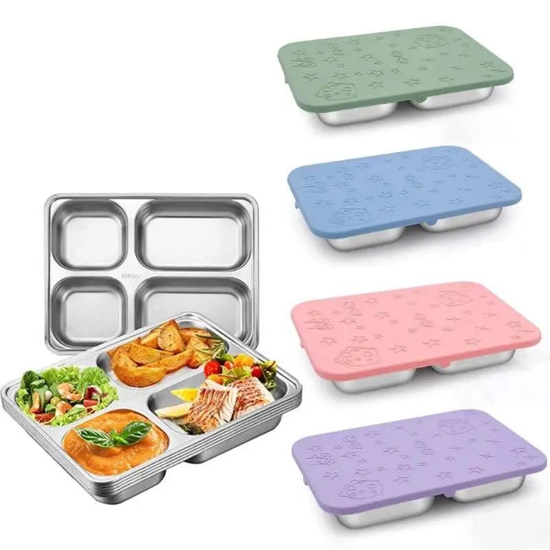 Werks-Edelstahl 4 Fachteile geteilt Schnellimbisschalen-Tablett Abendessen Teller Bento Mittagessen-Schachtel mit Deckel