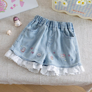 Shorts en jean brodés à motif dessin animé pour filles, style coréen, taille mi-haute, décontracté d'été pour enfants - Product Image 4