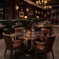 Table ronde en marbre sur mesure Ron Group, chaise ergonomique, tabourets de bar, banquette en cuir courbée, mobilier de bar et de restaurant