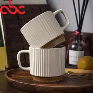 Cangkir kopi keramik garis vertikal Retro kustom, cangkir kopi 240ml cangkir Cappuccino Latte