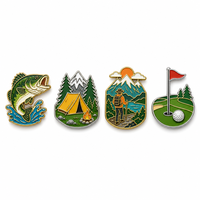 Lot de quatre épingles de collection pour activités de plein air (pêche, camping, randonnée, golf) en alliage de zinc émaillé, pour boutiques de cadeaux, vente au détail, vente en gros et en vrac