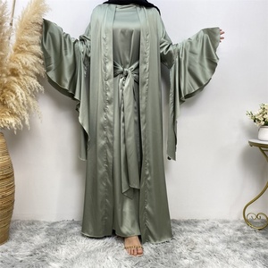 1925# Two Pieces Abaya Set Chic Lace up Waist Long Inner Dress and Ruffle Sleeves Cardigan Satin Material Eid Women Abaya - Product Image 4
