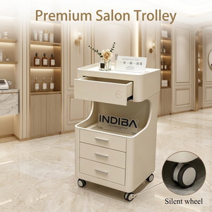 Chariot de Salon Moderne Crème Premium avec Tiroirs Intégrés, Étagère Ouverte et Roues Silencieuses pour Clinique et Spa - Product Image 1
