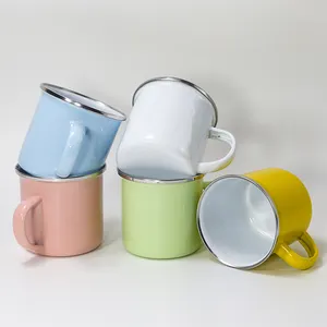 Cadeaux de Noël professionnels avec logo personnalisé, sublimation pour l'extérieur, tasse à café émaillée de camping de 11oz 350ml avec bord argenté inoxydable