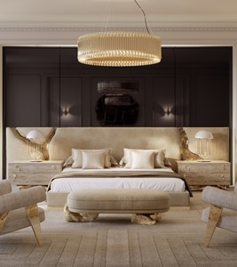 Custom Luxury Wide Upholstered <b>Headboard</b> Bed Beige Velvet Platform Bed with Gold Leaf Crack Detail for Master Bedroom - Product Image 1
