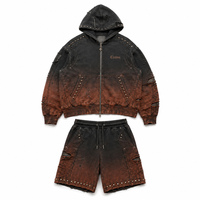 Ensemble court sweat à capuche zippé oversize en molleton bouclette français, avec broderie appliquée personnalisée, strass et effet vieilli, style vintage délavé à l'acide