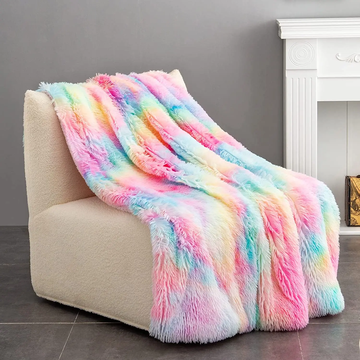 Superzachte Fuzzy Tie-Dye Faux Fur Fleece Lichtgewicht Luxe Gezellige Warme Pluizige Zachte Sherpa Regenboog Microfiber Deken Voor Bed