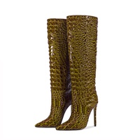 Bottes hautes au genou à talons hauts et bout pointu en PU avec texture gaufrée de luxe pour femmes, mode sexy, couleurs personnalisées 35-47, coupe confortable