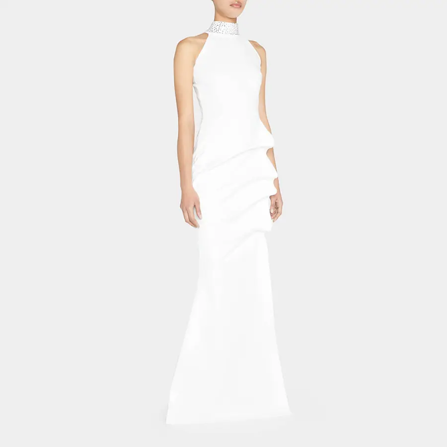 Uzun kat-uzunluk yüksek boyun çizgisi beyaz toplanan korse asetat zarif gece elbisesi 2022 resmi elbise abiye