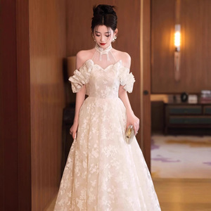 Champagne Off The Shoulder Halter Evening Gown With Floral Print For Coming Of Age Ceremony And Formal Events - Product Image 1