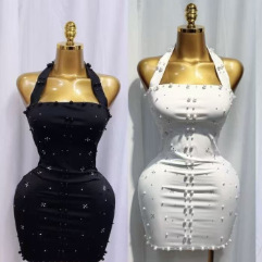 Nuevos Vestidos Halter de Cuello Cuadrado Elásticos con Abertura Alta y Adornos de Pedrería para Mujer, a la Moda - Product Image 2