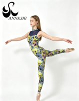Justaucorps de danse pour femme adulte, imprimé numérique motif peinture à l'huile abstraite, col montant, dos à bretelles, en maille marine, Spandex/Nylon, pour scène de ballet