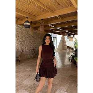 Robe Courte Jacie Marron Style Vintage Élégant pour Soirée avec Fermeture Éclair Décorative Tailles XS-XL en Spandex Couleur Unie Col Carré Idéale pour les Journées Printanières - Product Image 6