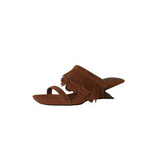 Sandalias de mujer de tacón alto y grueso, de cuero genuino, estilo francés, con punta cuadrada y flecos, de color liso, sin cordones. - Product Image 1