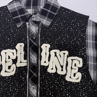 Chemise tendance à carreaux noirs et blancs 6831/FANMAJIALIE avec détails scintillants, dessins animés et lettres – Haut décontracté pour le quotidien et la mode urbaine