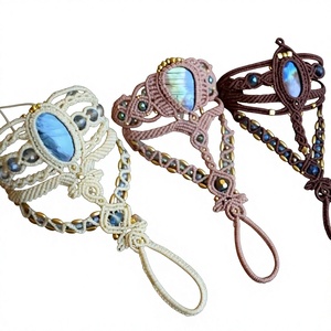 Bohemian Macrame Cuff <b>Bracelets</b> With Crystal Rhinestone Inlay Bezel Setting Unisex Everyday Wear Jewelry - Product Image 1