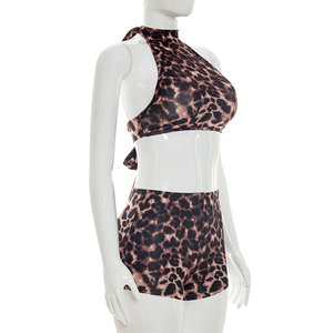 Viviblook J26ST137 Women Summer Shorts <b>Set</b> Leopard Print Halter Vest Backless Lace Up Crop Top Tight Shorts Two Piece <b>Set</b> - Product Image 3