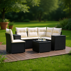 Patio <b>Sofa</b> Set Black PE <b>Rattan</b> Powder Coated Steel Frame Garden <b>Outdoor</b> Furniture 6 Seater Contemporary Design - Product Image 2