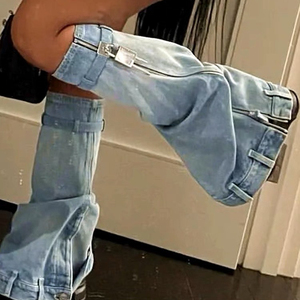 Bottes en jean à plateforme pour femme, à talon compensé, avec fermeture éclair décorative et coupe ajustée - Product Image 5