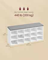 Banc à chaussures moderne en panneaux de bois massif avec 15 compartiments, siège rembourré blanc nuage et gris tourterelle pour meubles de salon