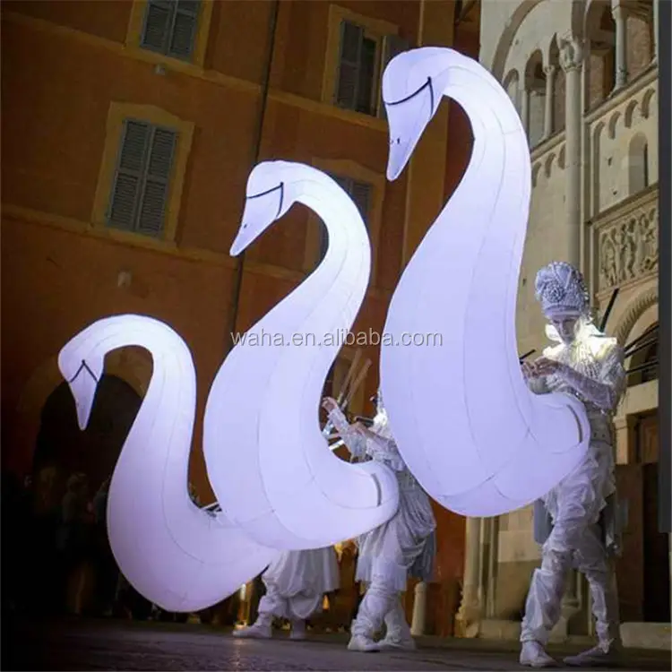 Parada de rua decoração dança iluminação inflável branco cisne traje
