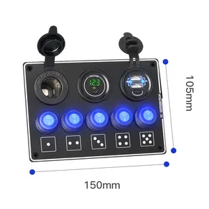 Panel de interruptor de coche de barco marino impermeable con voltímetro de encendedor de potencia, cargador USB, panel de interruptor de 5 bandas