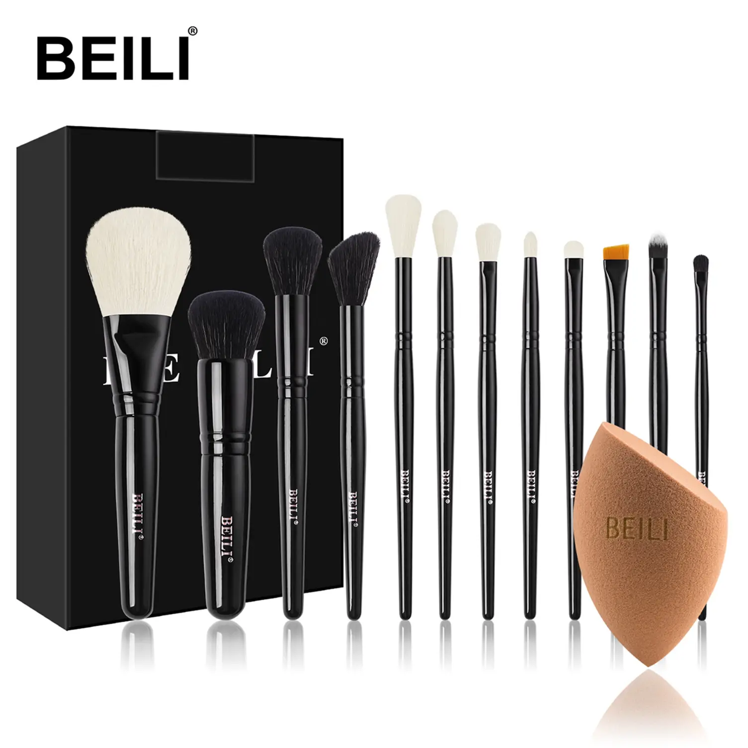 Beili Bán Buôn Trang Điểm Bàn Chải 12Pcs Màu Đen Chuyên Nghiệp Bàn Chải Lông Mày Cho Eyeshadow Vegan Maquillage Bàn Chải Với Hộp