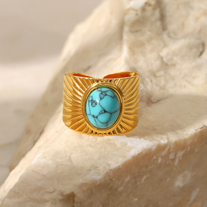 Turquoise Ribbed Wide Facet <b>Open</b> <b>Ring</b> 18K Gold Plated Geometric Design Unisex Jewelry Party Accessory - Product Image 3
