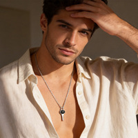 Nouveau Collier en Acier Inoxydable Anti-Décoloration, Pendentif Clé Minimaliste avec Agate Noire, Accessoires de Mode Assortis pour Couples MGXL625